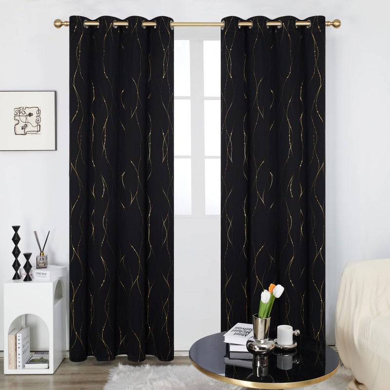 Deconovo Blackout Curtains 2 Panels for Bedroom and Living Room, Gold Foil Wave Lines and Dots, Thermal Insulated Room Darkening Grommet Window Drapes for Nursery and Kids Room, Black, 52W x 84L Inch - Image 4